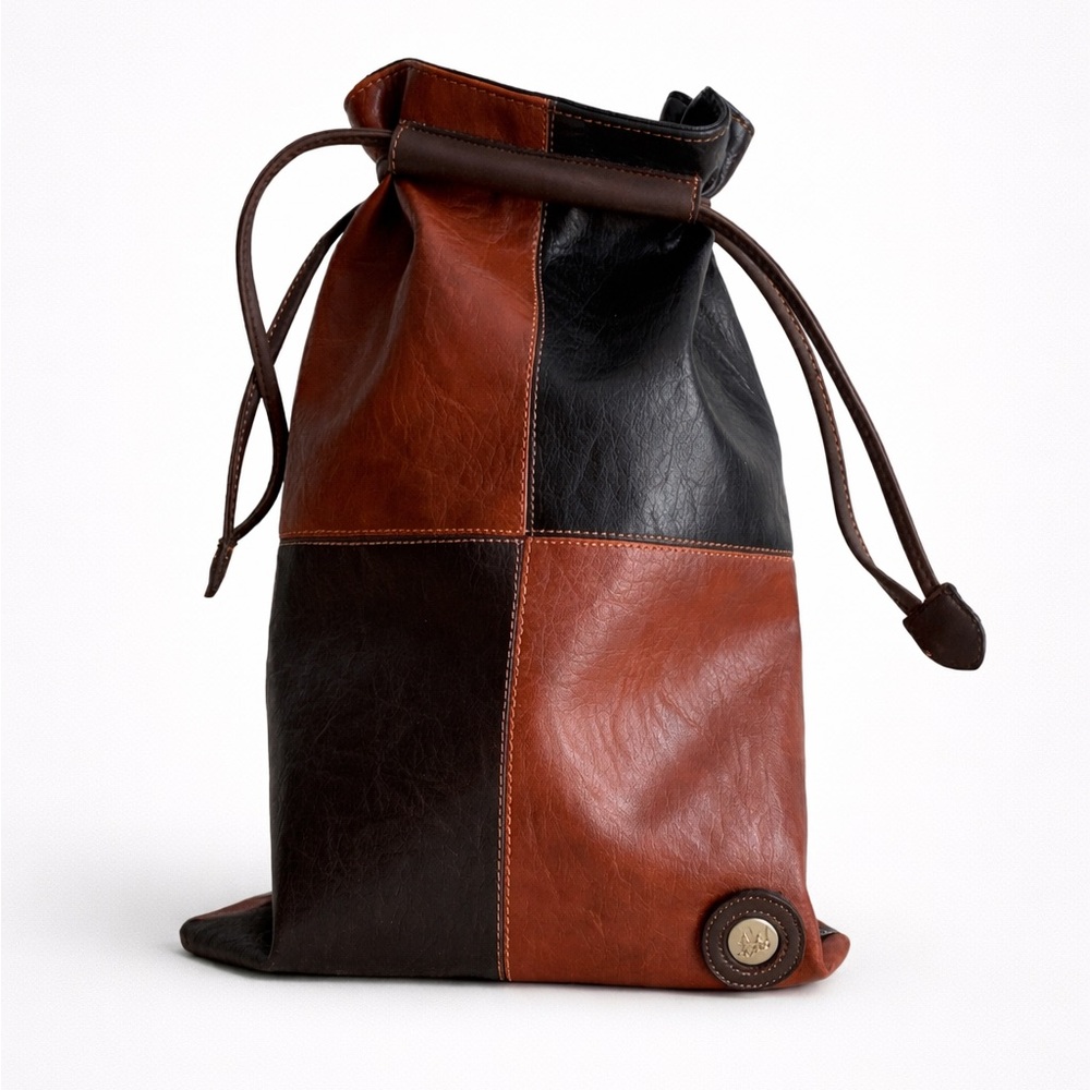 Leather Patchwork Drawstring Bag in Brown and Black | Luxurious Travel Bag